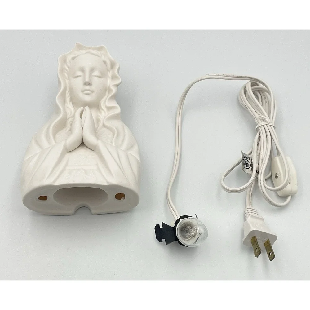 Vintage 1980s White Bisque Porcelain Praying Virgin Mary Lighted Bust Lamp 6